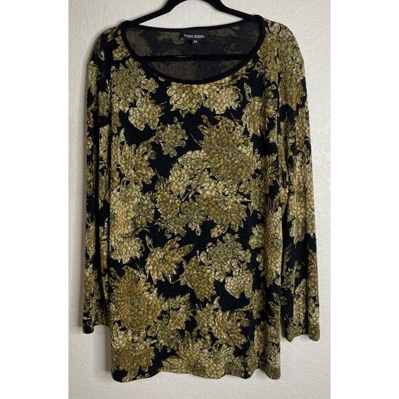 Sharon Anthony Womens 2X Black Gold Metallic Slinky Blouse Top Floral Romantic - Picture 1 of 7